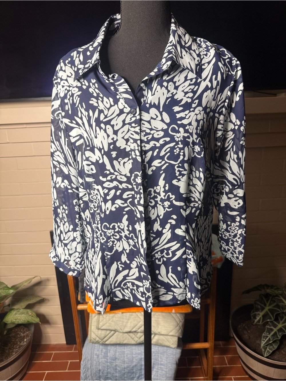 croft & barrow Navy and White Floral-Print Button-Down Shirt